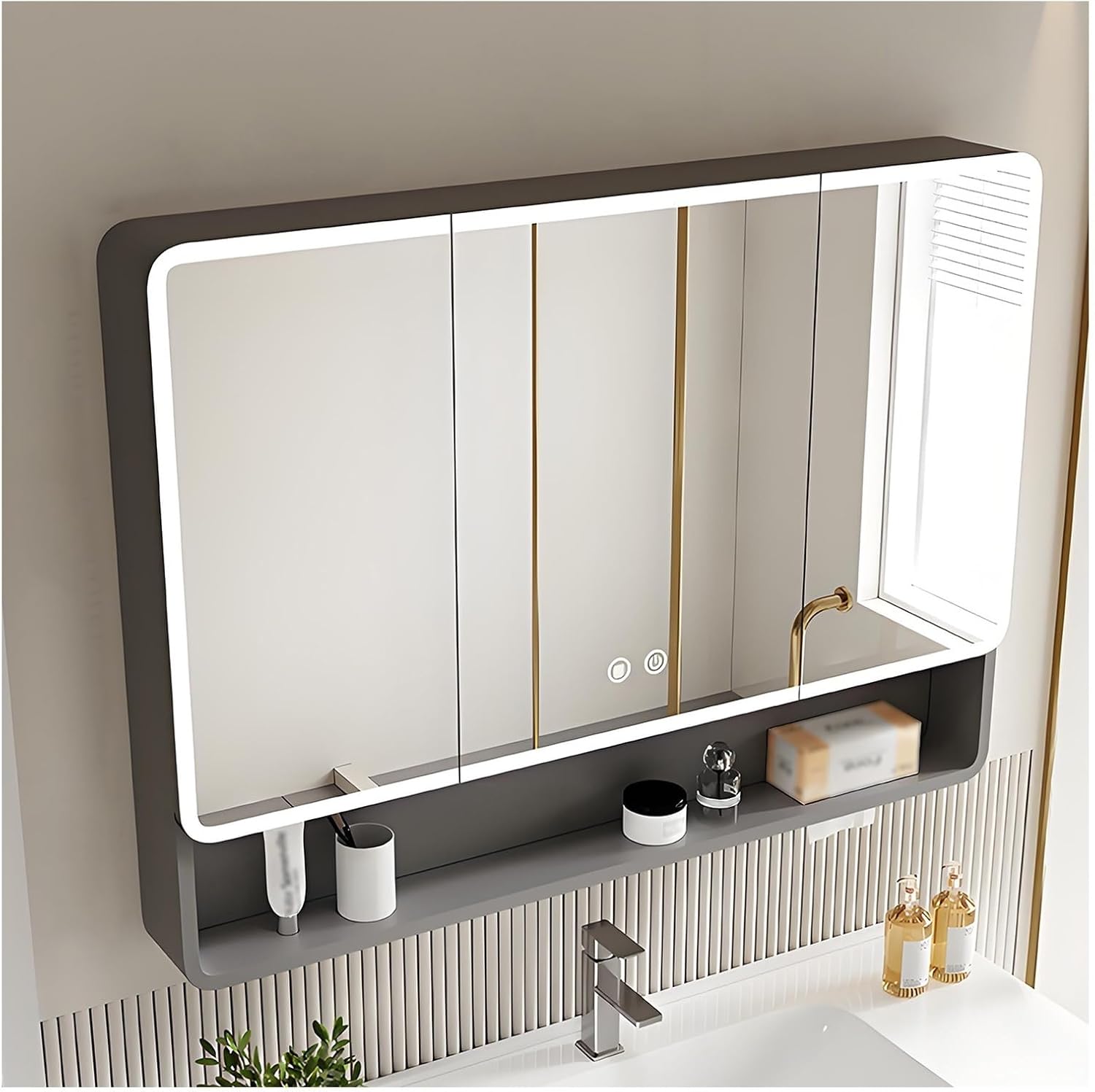 Medicine cabinet mirror,bathroom mirrors for over sink with storage,Bathroom Mirror Cabinet Wall Mounted,for Kitchen, Living Room Laundry Room, with LED Lights(Gray,L100xW88CM/L39.3xW34.6IN)