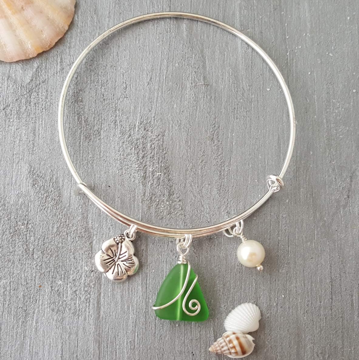 yinahawaii Handmade wire wrapped Emerald sea glass bracelet, May Birthstone, Hibiscus charm, Natural pearl, (Hawaii Gift Wrapped, Customizable Gift Message)