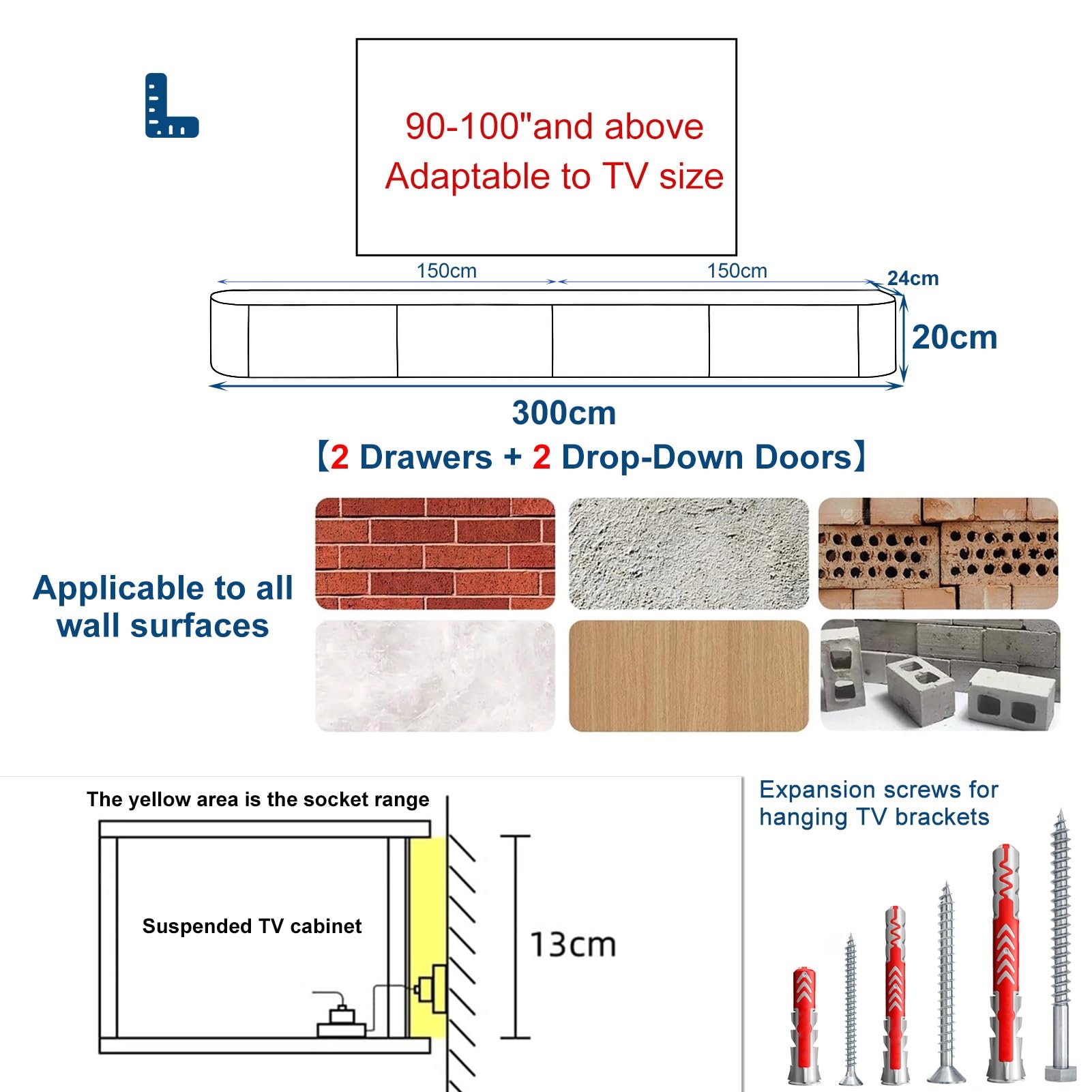 Mueble TV Flotante con Almacenamieno, Mesa De Televisión Suspendida para Pared, Consola Multimedia con Puertas Y Estantes Gran Almacenamiento, Mesa para Salón, Mueble Moderno(Blanco,300cm)