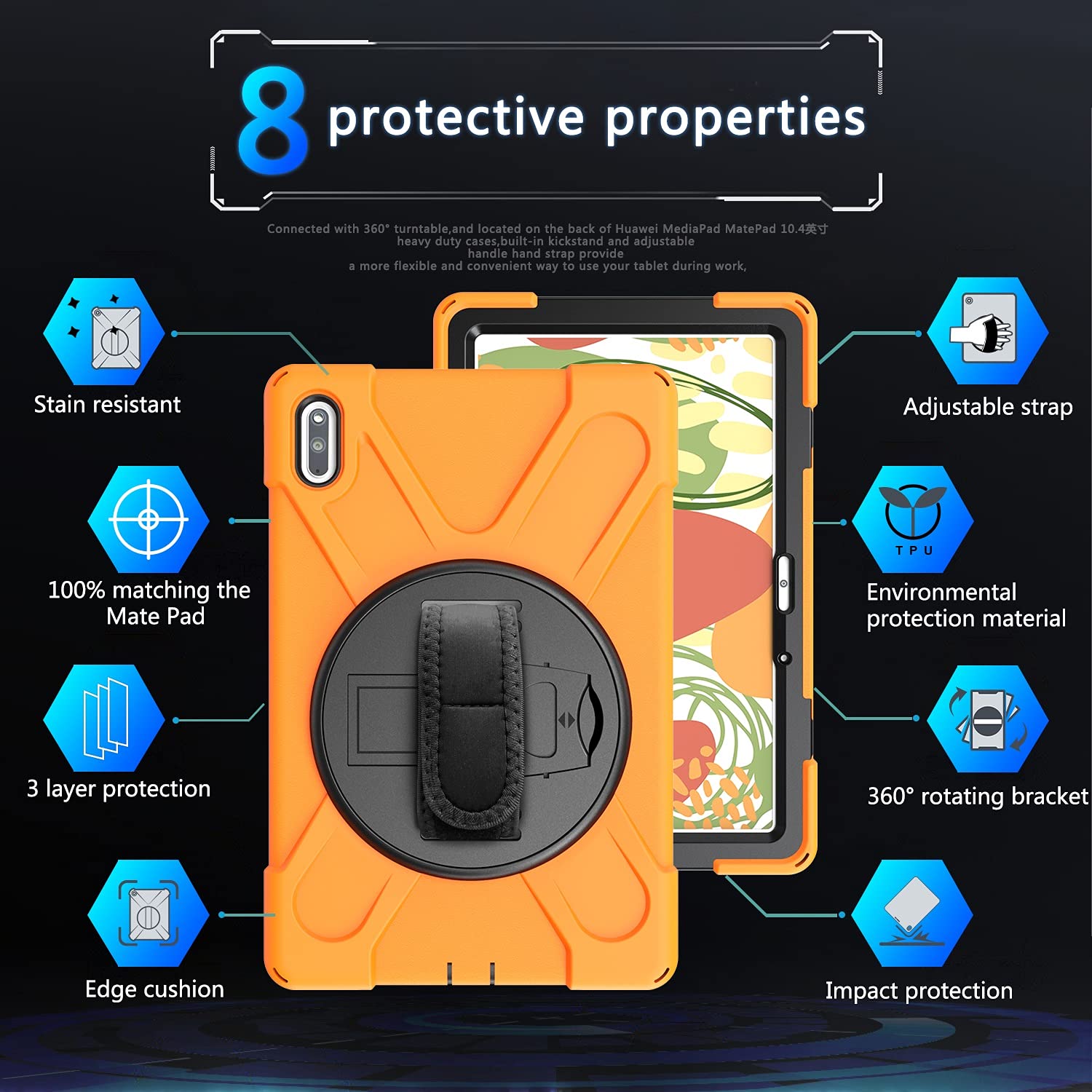 Pokrywa tabletu Pokrywa tabletu dla Huawei MatePad 10.4inch, Dzieci Full Body Shockproof Tablet Case z Pasek ręczny/Pasek na ramię Obrotowy Kickstand Strona główna tabletu(Orange)