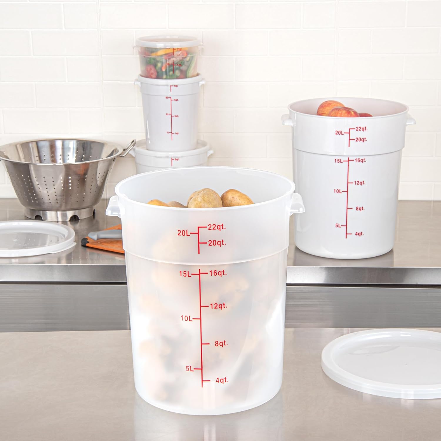 Restaurantware-Met Lux 22 Quart Food Storage Containers, 10 Translucent Storage Containers - Lids Sold Separately, Red Volume Markers, Dishwashable Containers, Side Handles, For Storing Foods