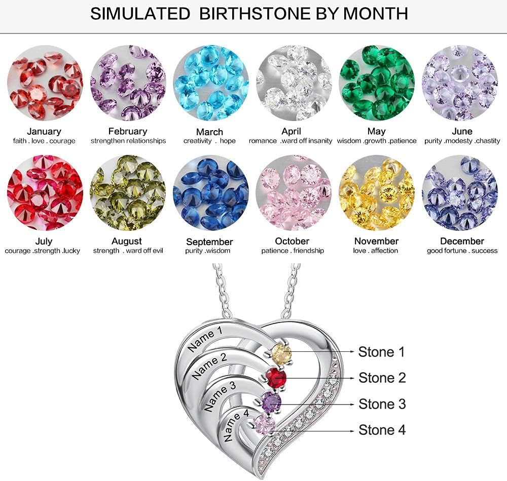 Personalized Hearts Necklace with 2-6 Simulated Birthstones for Women Customized Mothers Names Necklace for Mother's Day Relationship Necklace for Mom