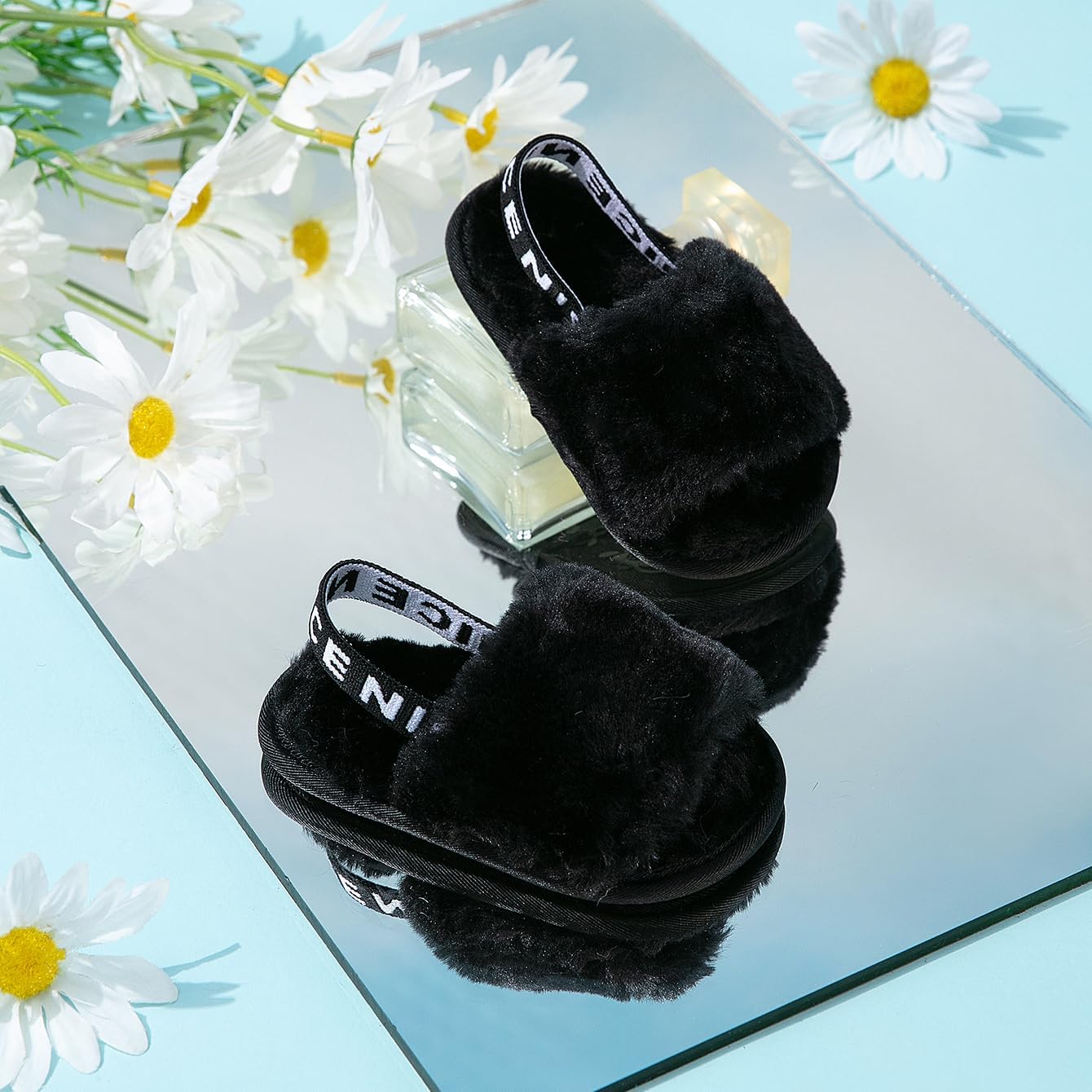 QIETION Girl's Soft Plush Lightweight House Slippers Non Slip Cross Band Slip on Open Toe Cozy Indoor Outdoor Slippers X102 Black 12CM