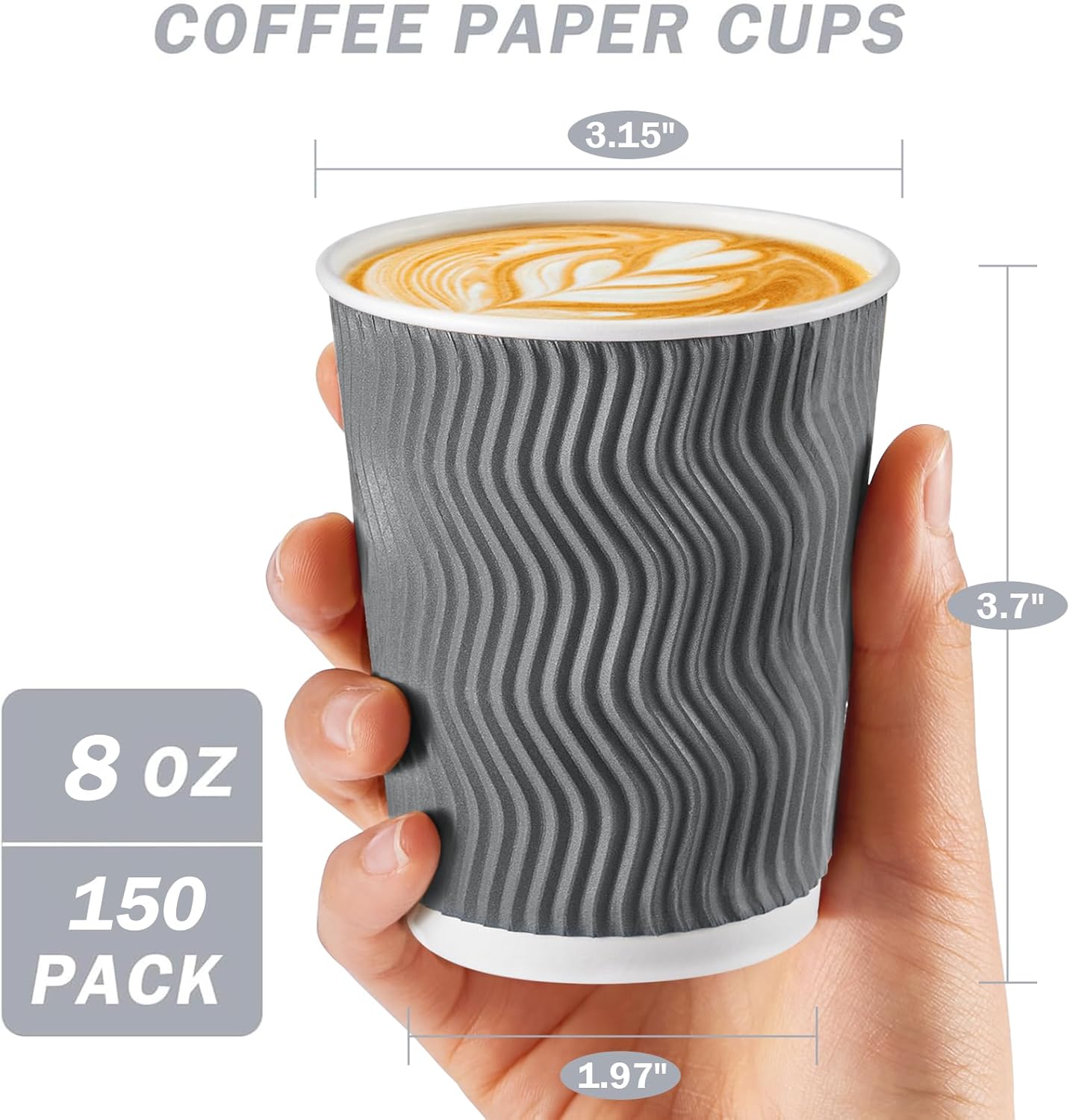 Coffee Cups 8 oz 150 Pack, Corrugated Insulated Ripple Wall Disposable Paper Coffee Cups 8 OZ, To Go for Hot Beverage or Cold Drinks Office/Home/Cafe/Party/Travel (Grey)