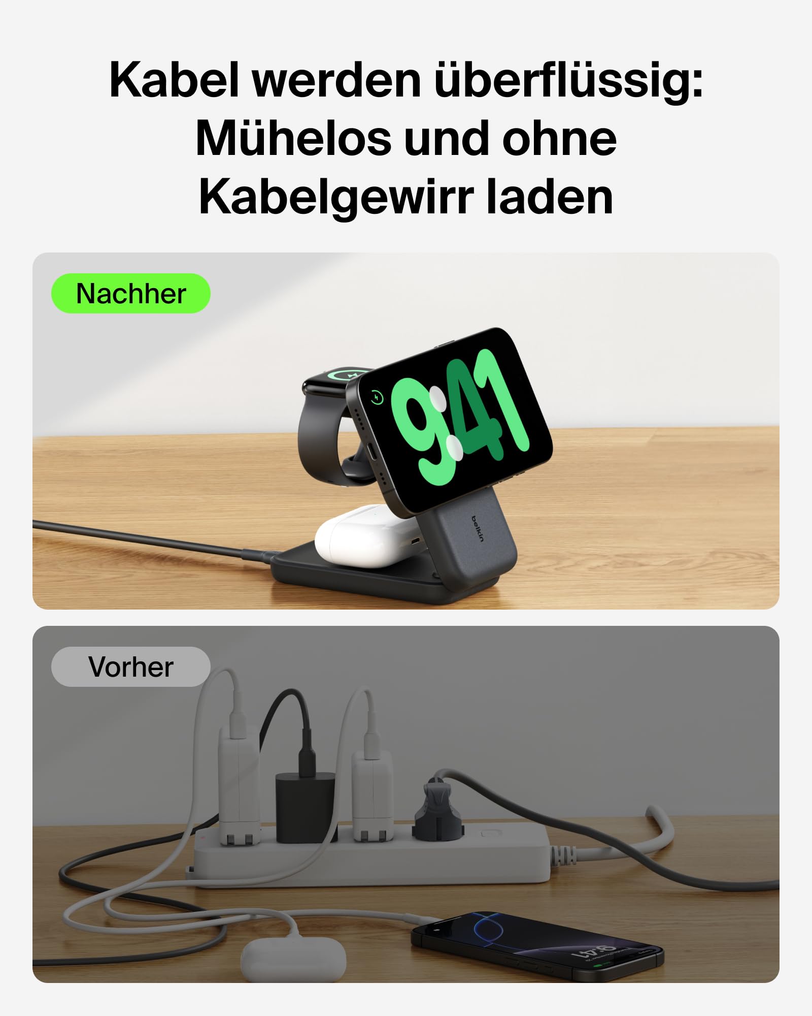 Belkin UltraCharge 3-in-1 Ladestation mit Qi2, 25W, MagSafe Kompatibel, Induktive Ladestation für iPhone 17, iPhone Air, Apple Watch, AirPods, 45W Adapter - Schwarz