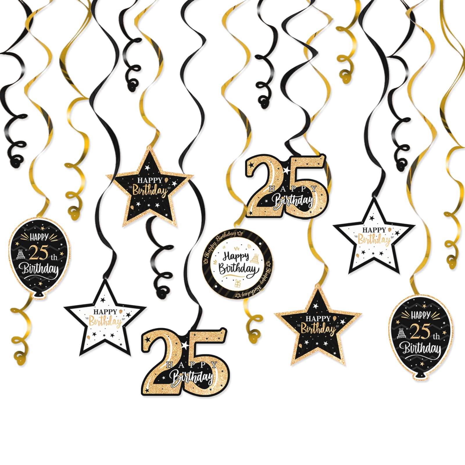 Happy 25th Birthday Black & Gold Glitter Swirls Streamers Party Decorations - 15 Pcs 25th Birthday Hanging Swirls Streamers Kit,Perfect for 25th Bday Party Sign.