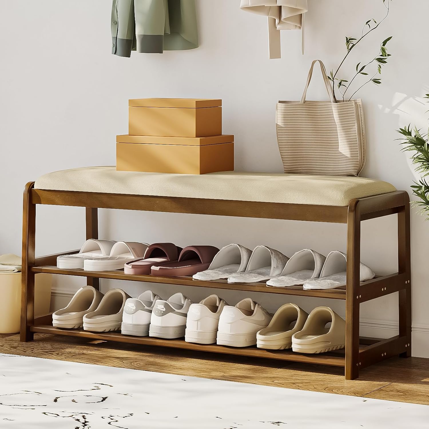 2-Tier Bamboo Shoe Bench with Cushion and Hidden Drawer, Entryway Shoe Rack Organizer with Storage for Hallway, Bedroom, Front Door, Mudroom Seating Bench, Walnut