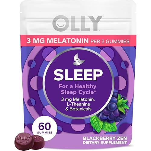 OLLY Sleep Gummy, 3 mg Melatonin, L-Theanine, Chamomile, and Lemon Balm Extracts, Blackberry Flavor, 30 Day Supply - 60 Count