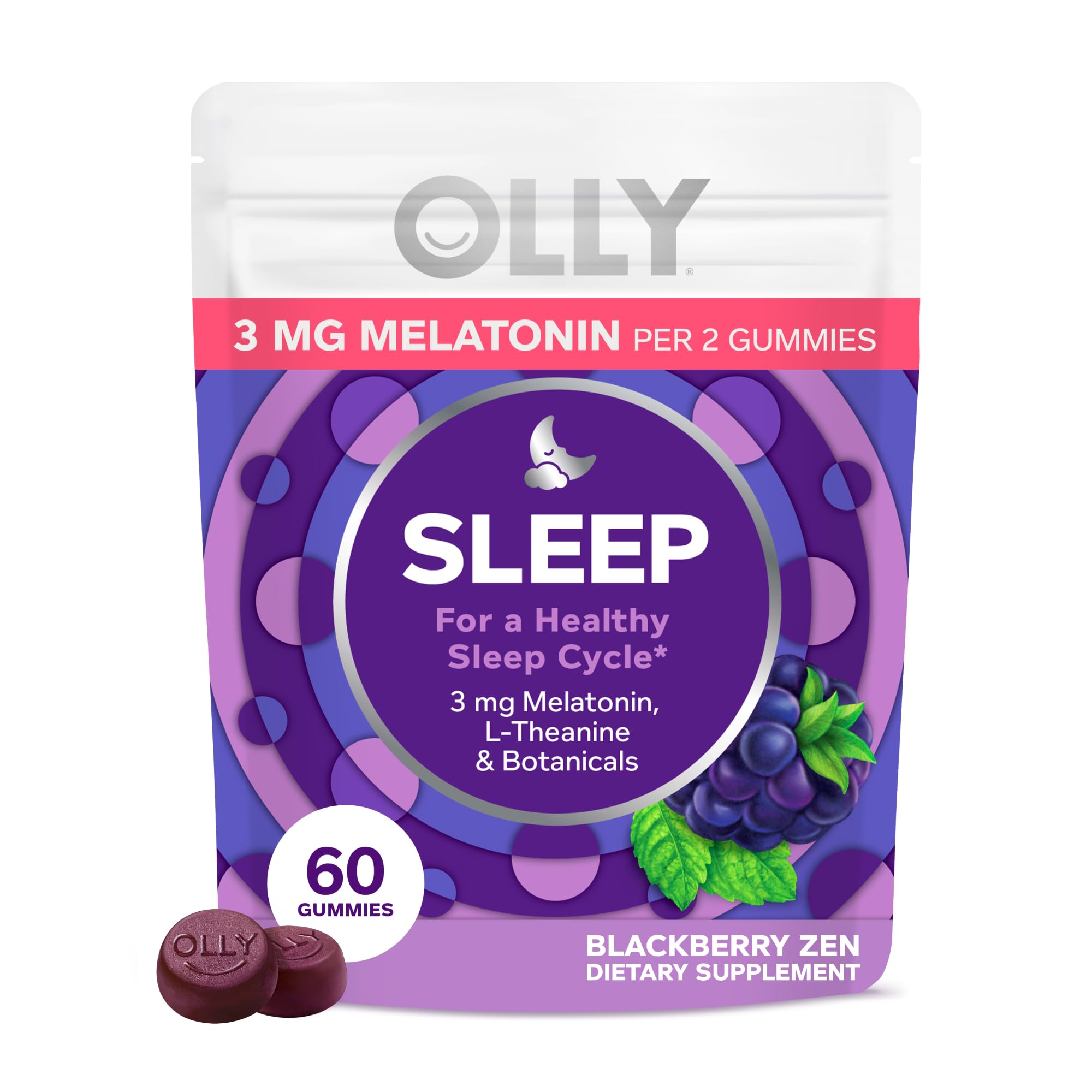 OLLY Sleep Melatonin Gummy, All Natural Flavor and Colors with L Theanine, Chamomile, and Lemon Balm, 3 mg per serving, 30 Day Supply (60 gummies)