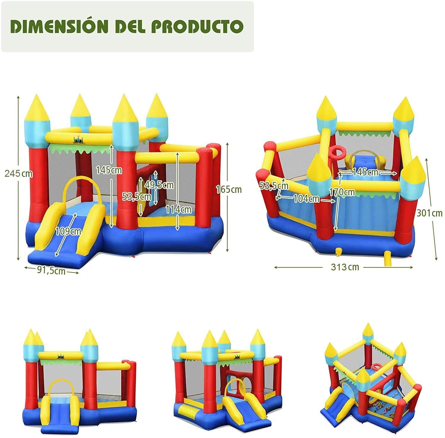 COSTWAY Castillo Hinchable con Tobogán, Castillo Inflable de 301x313x165cm para Niños de 3 a 10 años, con 100 Bolas Oceánicas, Kit de Reparación y Bolsa de Transporte (con Soplador de 480 W)