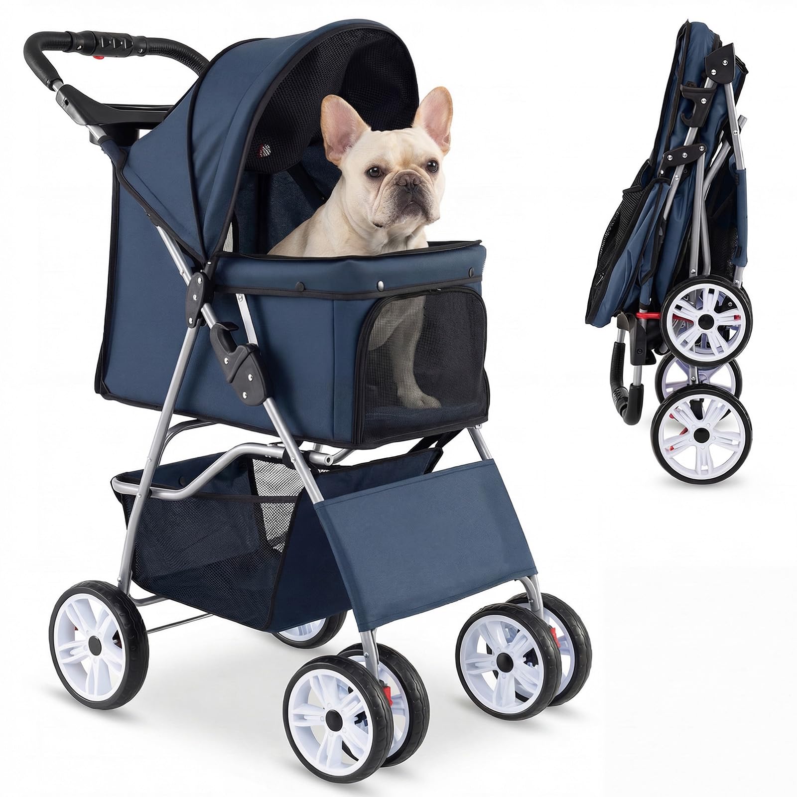 DREAMADE Hundebuggy klappbar, Hundewagen bis 15 kg, Katzenwagen mit Getränkehalter & Aufbewahrungskorb, leichter Katzenbuggy mit Rädern & verstellbarem Sonnendach, Reisewagen für Haustiere (Blau)