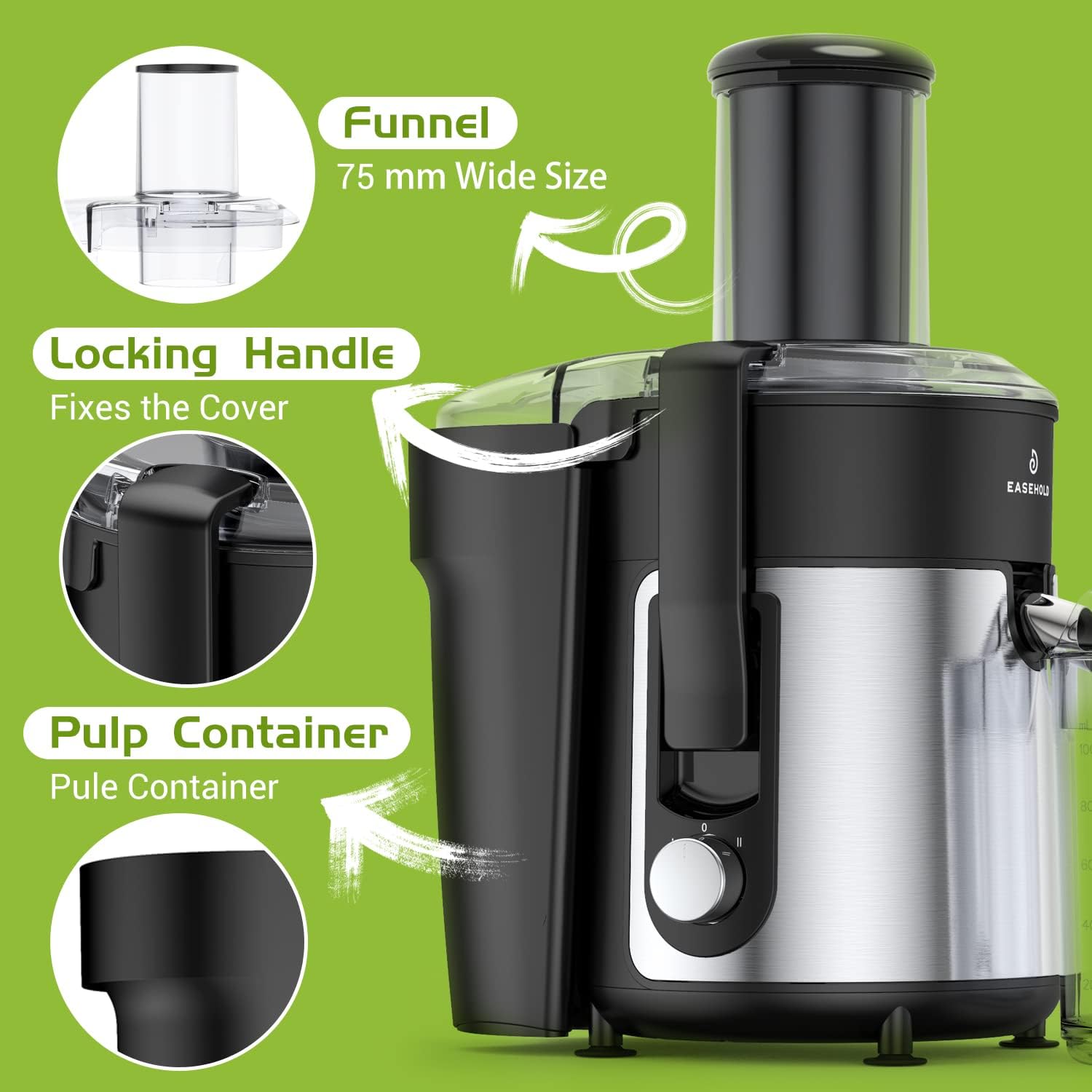 Diagram showing juicer components: funnel, locking handle, pulp container