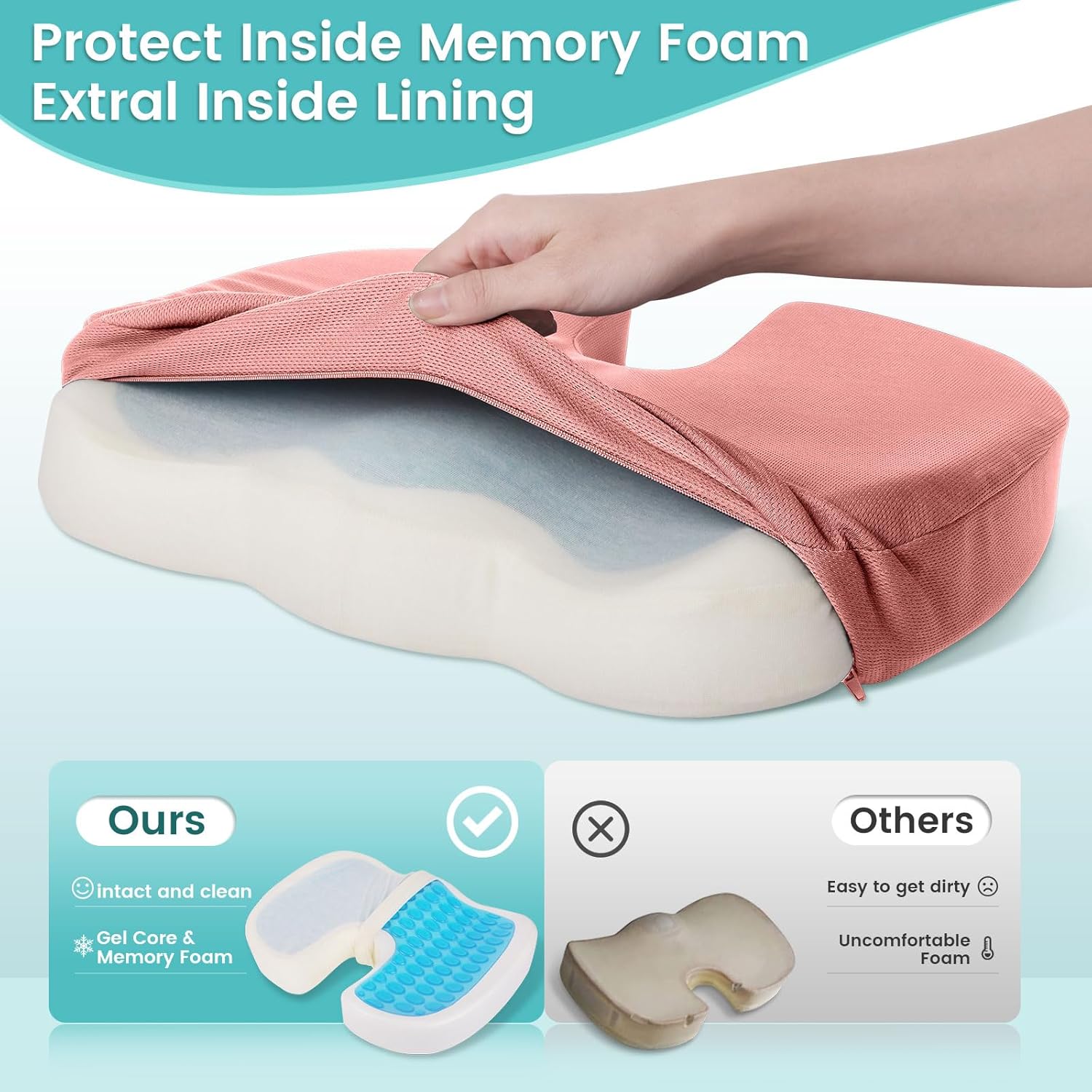 Office Chair Seat Cushion, Cooling Gel Enhanced Memory Foam Cushion for Long Sitting - Back, Sciatica, Coccyx, Tailbone Pain Relief Pillow - for Office, Gaming, Car, Wheelchair - Pink, X-Large