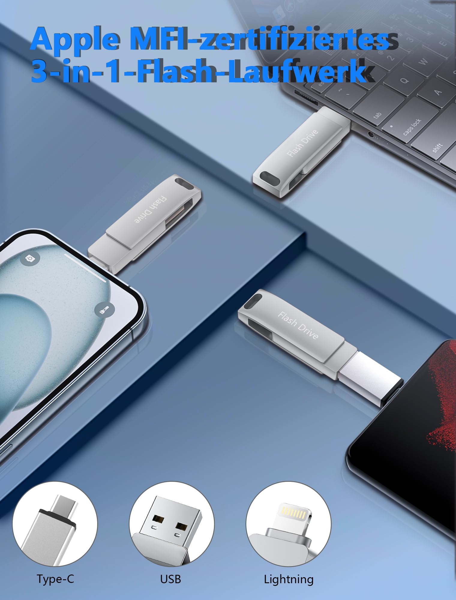 USB Stick 512 GB für i Phone, MFi-zertifizierter USB 3.0 Lightning Speicherstick 3-in-1 Fotostick Stift-Laufwerk Externer Speichererweiterung USB C Backup für iOS/Android/PC, Silber