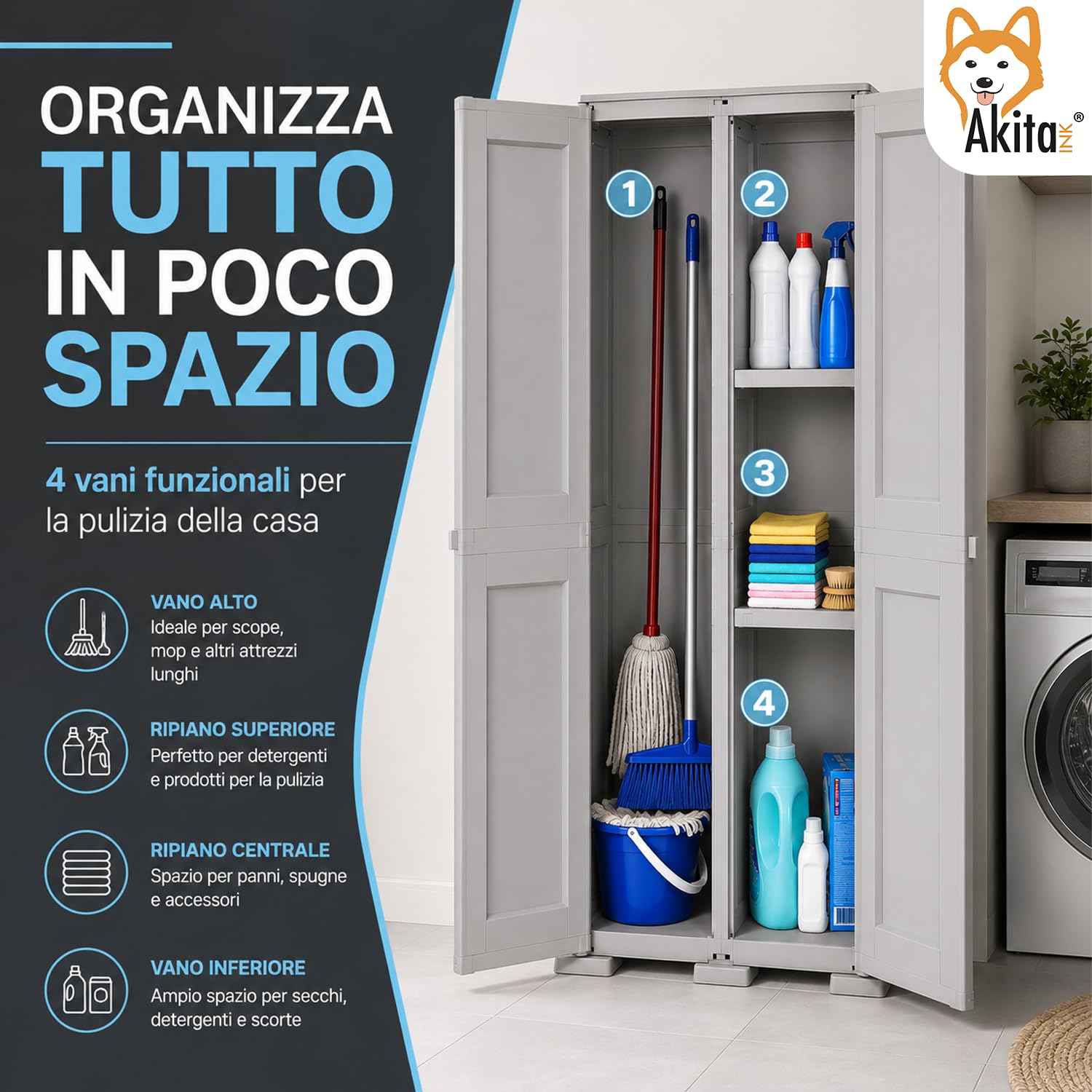 AKITAInk Armadio Portascope Simplex in Plastica con 1 Ripiano Grigio | Multiuso, Versione Portascope, Disponibile anche in Panna