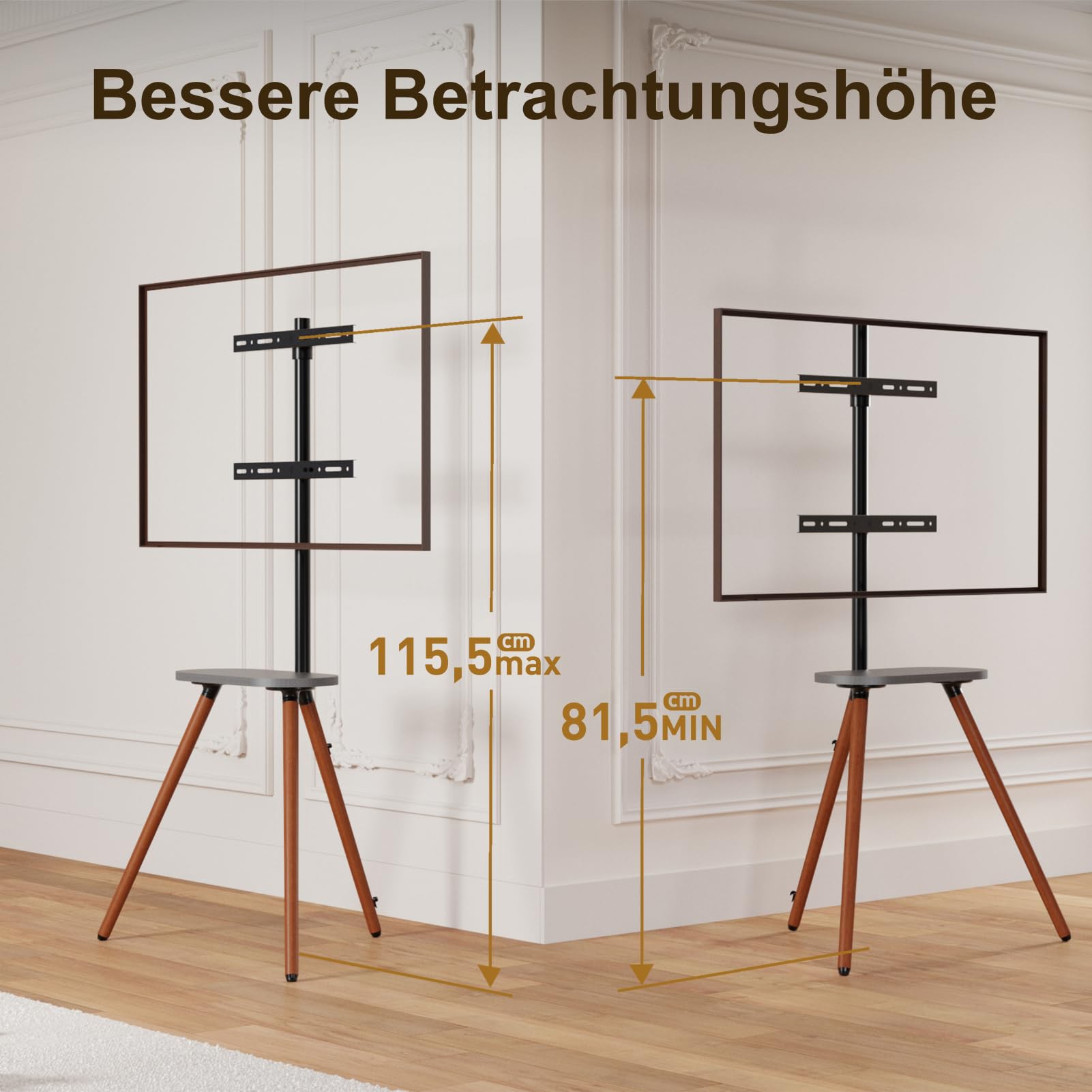 TV staffelei für 43 bis 65 Zoll LCD LED OLED Bildschirm bis zu 35 kg, höhenverstellbar und schwenkbar, tragbarer TV-Ständer Holz mit Holztablett,max VESA 400x400mm, Schwarzes Walnussholz