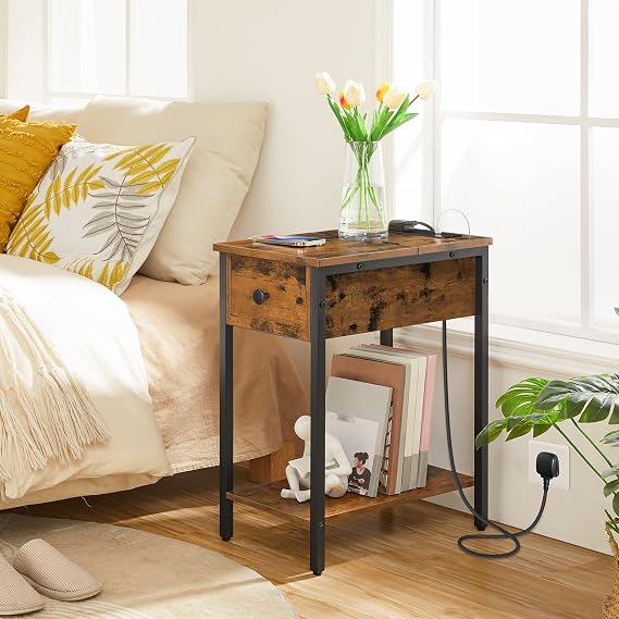 HOOBRO Side Table, Slim Bedside Table with Charging Station, USB Ports and Power Outlets, Nightstand for Living Room, Bedroom, Flip Top, Rustic Brown and Black EBF348KBZ01