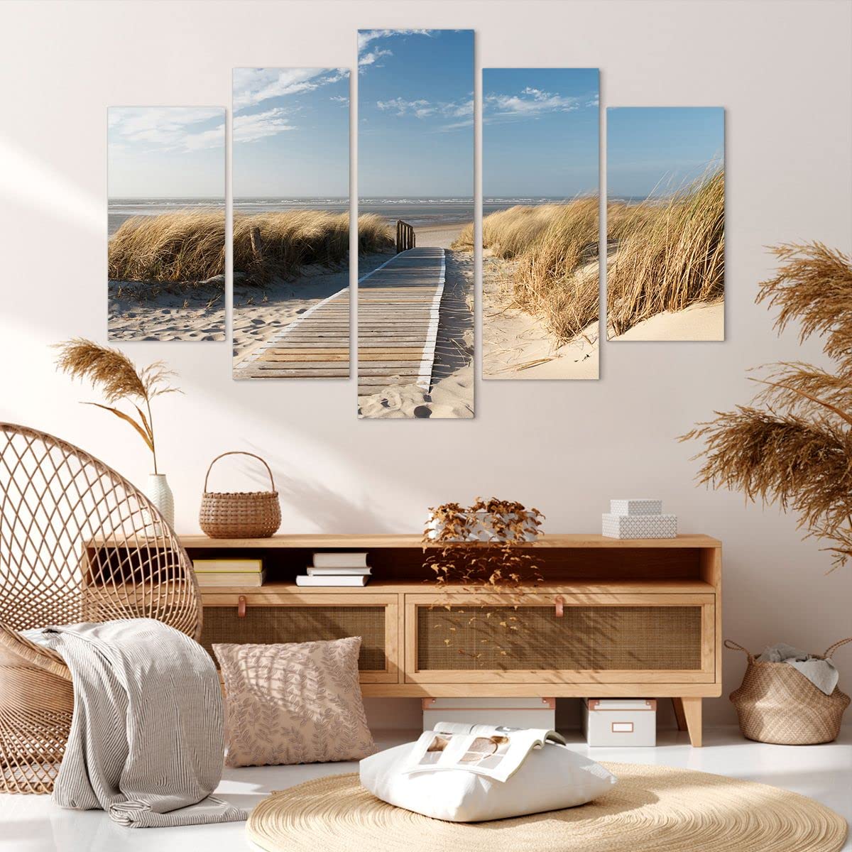 Bilder auf Leinwand 150x100cm Leinwandbild Strand Meer Fußgängerbrücke Ufer Groß XXL Wanddeko Bild Schlafzimmer Set 5 teilige Wandbilder Dekoration Wohnzimmer Canvas Wand Kunstdruck Art EA150x100-2657