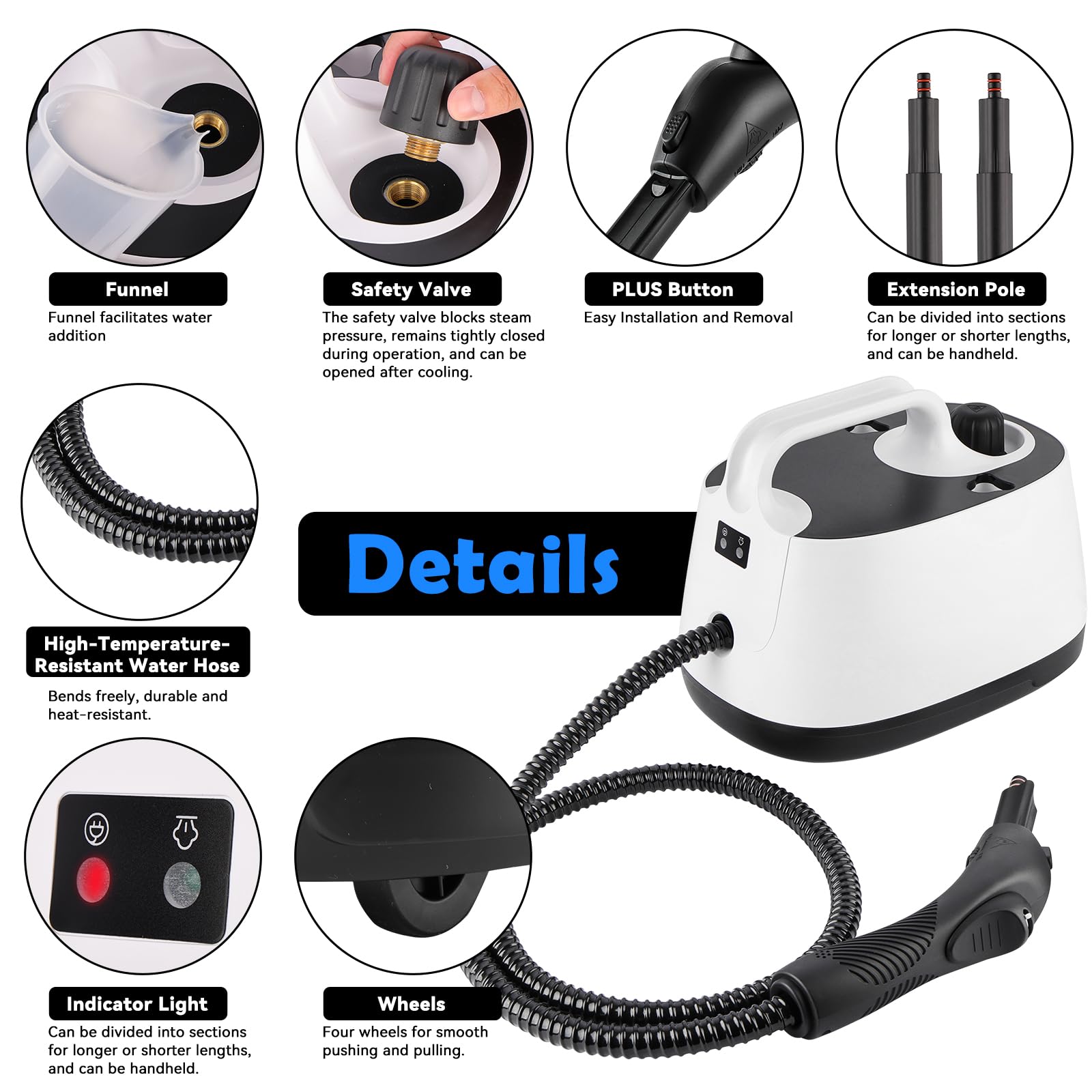 Vaporeta Limpieza Hogar 2000 W,Limpiador a Vapor con 1600ML Agua,4 Bar | 15 Accesorios,2.7m Alimentación,Elimina la Suciedad y la Grasa de Suelos, Muebles Tapizados y Superficies de Baño