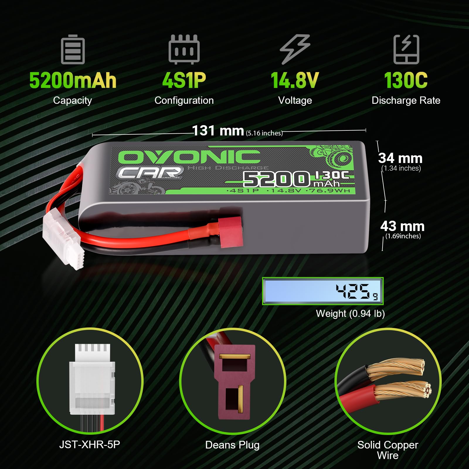 OVONIC 4s Lipo akumulator 14,8 V 5200 mAh 130C z wtyczką Deans T Lipo akumulator do samochodów RC, ciężarówek, truggy, quadcopterów, helikopterów, ciężarówek, łodzi, samolotów (2 szt.)