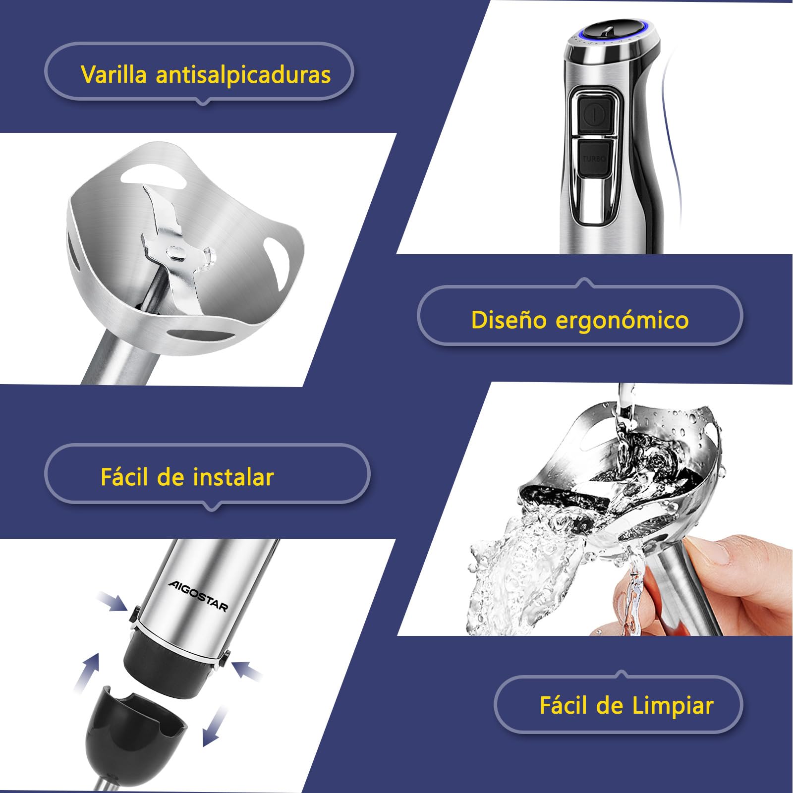 Aigostar Buckle - Batidora Mano, Minipimer 4 en 1, 1000W, 6 Velocidades y ModoTurbo, Batidora de Mano con Vaso Picador de 500ml, Vaso Medidor de 600ml y Batidor de Huevo. Libre de BPA