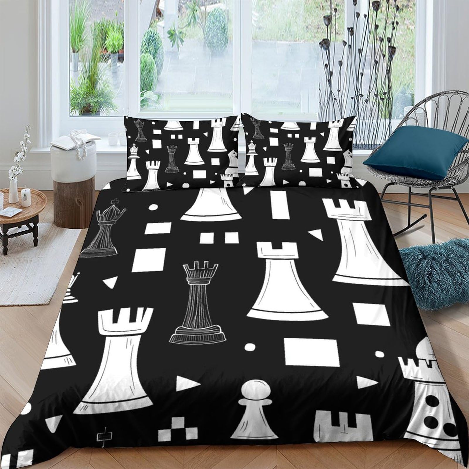 Ctjqhvkz Style-8 3D Printed Chess Piece Fitted Sheet Microfiber Black White Abstract Board Mattress Cover Bedroom Decor Single（135X200cm）