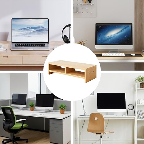 Miniatura 5 de Soporte para monitor, dos capas para altura ergonómica, soporte de madera con cuatro puertos USB, elevador de escritorio para computadora portátil,