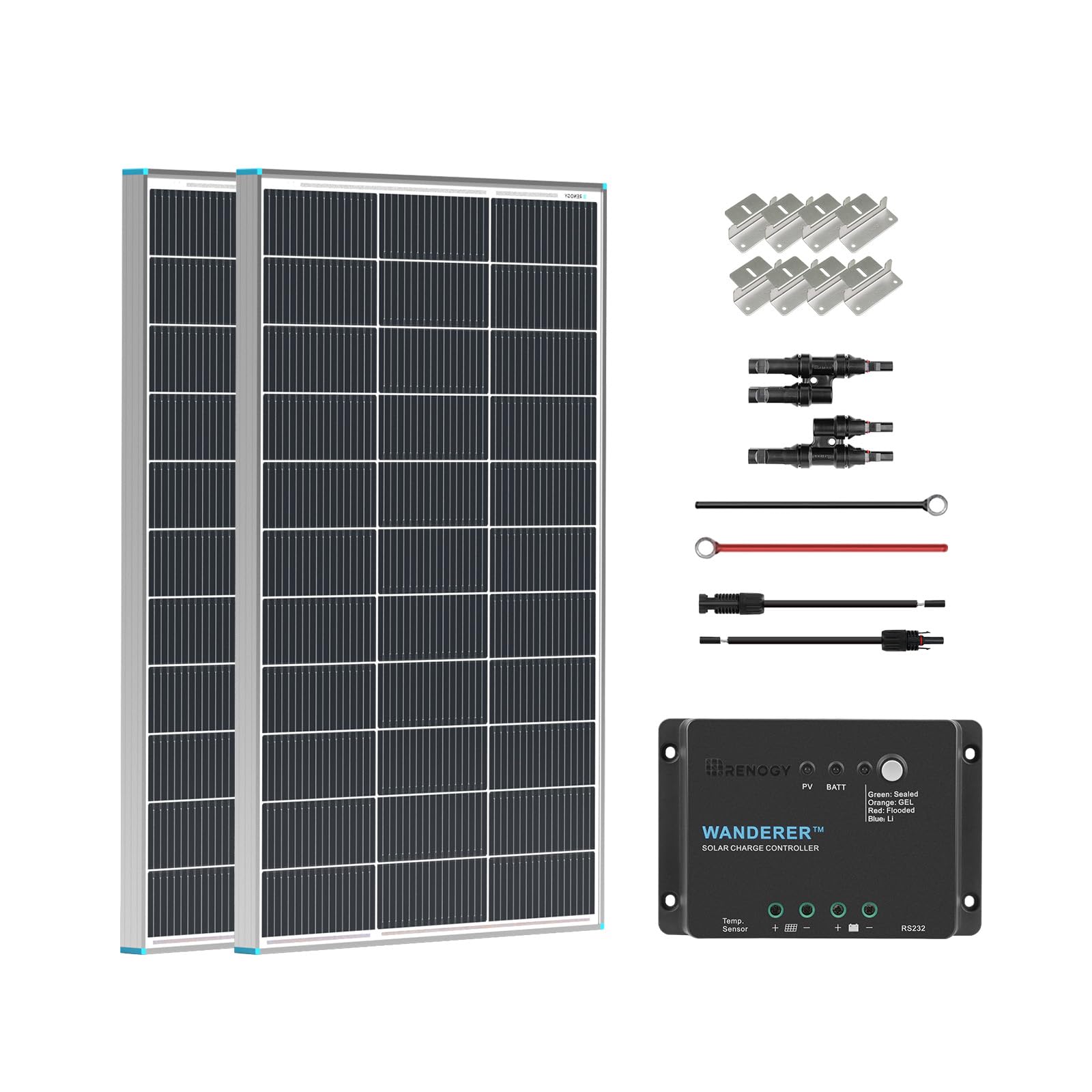Renogy 200 Watt 12 Volt Monocrystalline Solar Panel Starter Kit with 2 Pcs 100W Solar Panel and 30A PWM Charge Controller for RV, Boats, Trailer, Camper, Marine ,Off-Grid System Starter200W+PWM 30A