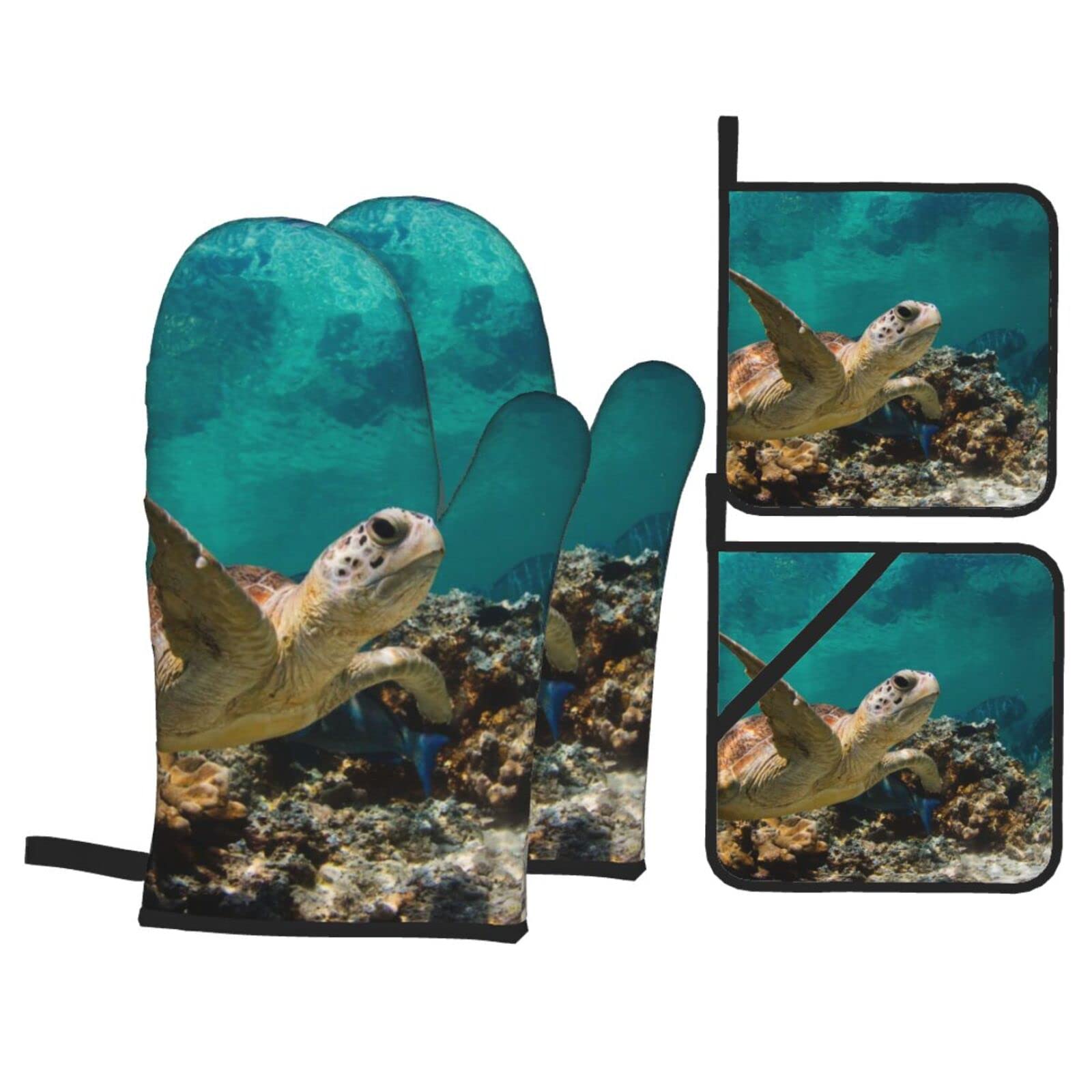 Sea Turtle Print Kitchen Baking Four Piece Set of Heat Resistant Thick Cotton Oven Mitts for Cooking, Baking and Grilling