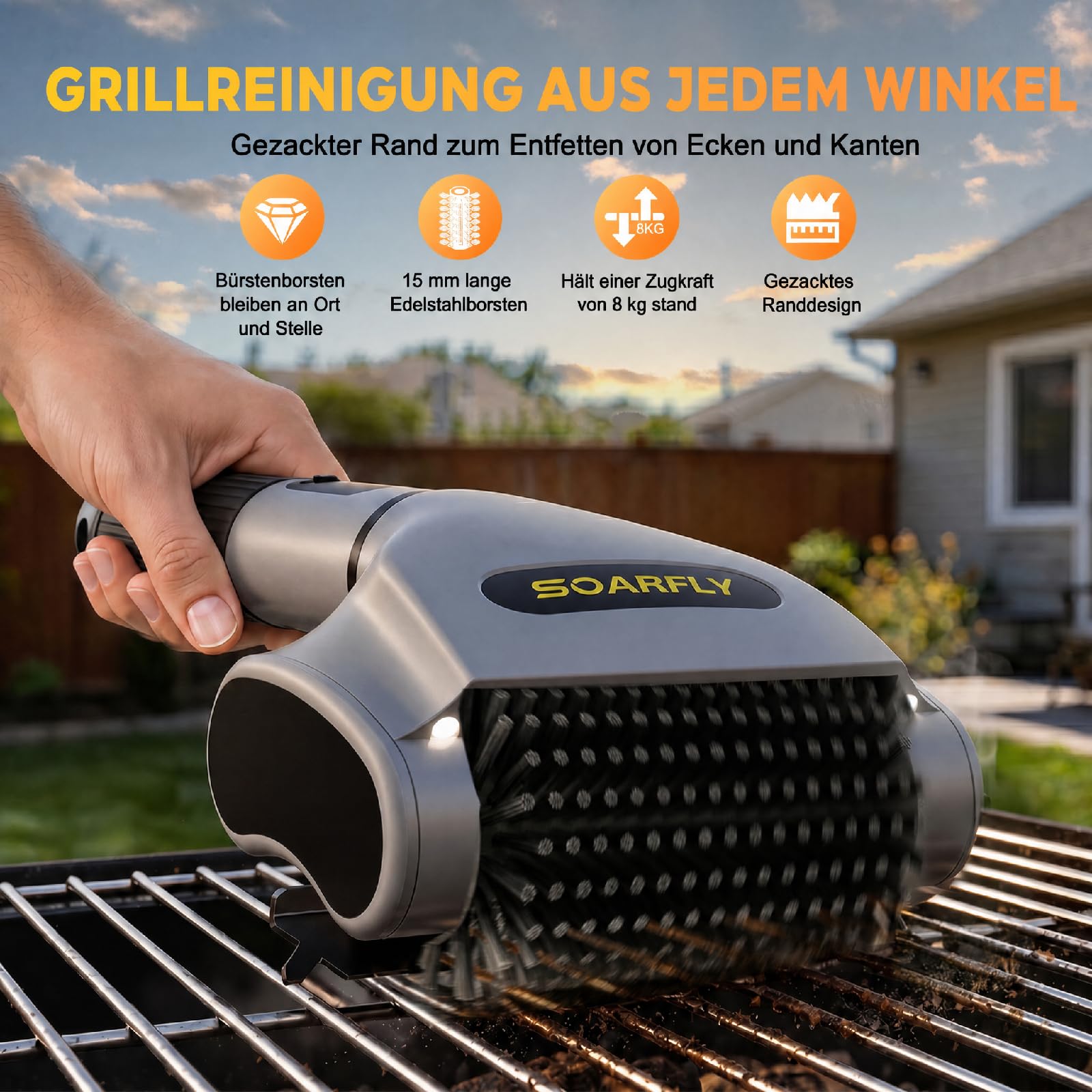 SOARFLY Elektrische Grillbürste, Grillbürste mit Einer Laufzeit von 210 Min bei 800 U/min, 20 kg Drehmoment & Zwei LED-Leuchten, Elektrische Reinigungsbürste für Männer und Grillfans