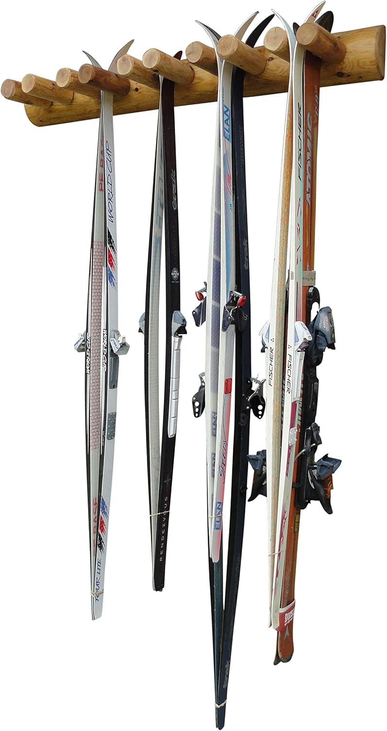 10-Place Wall-Mounted Ski Log Racks - Pole Organizer & Skis Wall Mount Garage Racks, Indoor & Outdoor Vertical Ski Holders for Walls, Hangers for Skis Indoor Storage - Natural