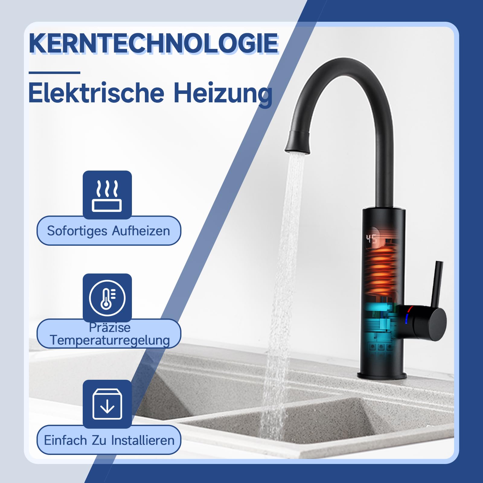 Wasserhahn mit durchlauferhitzer,Schwarz Küchenarmatur Armatur mit integriertem Durchlauferhitzer wasserhahn, 3000W Temperaturanzeige elektrischer wasserhahn, Wasserhahn küche 360° schwenkbar