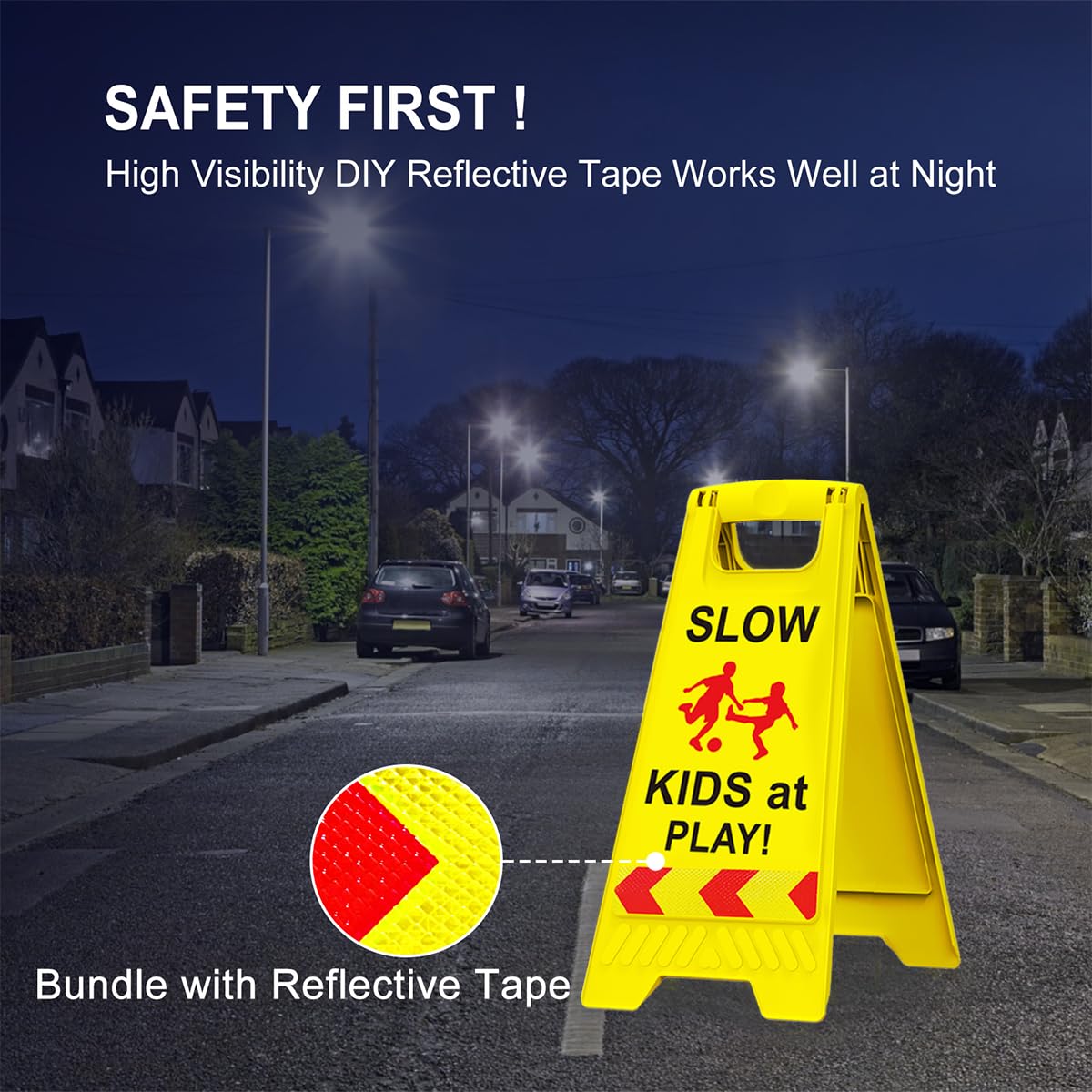 Paquete de 2 letreros de seguridad para niños en la calle, letreros de seguridad para niños jugando con cinta reflectante de 17.5 pulgadas de altura, doble cara, más fácil de identificar, señal de