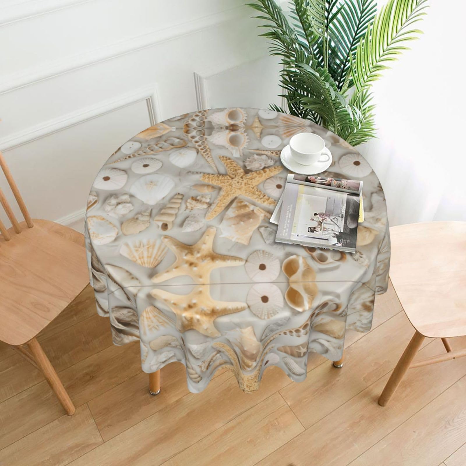 YYHHAOFA Starfish Seashell Sandy Beach Prints 60in Round Decorative Tablecloth – High-Grade Polyester Throw Cover for Dining, Parties, and Outdoor Events