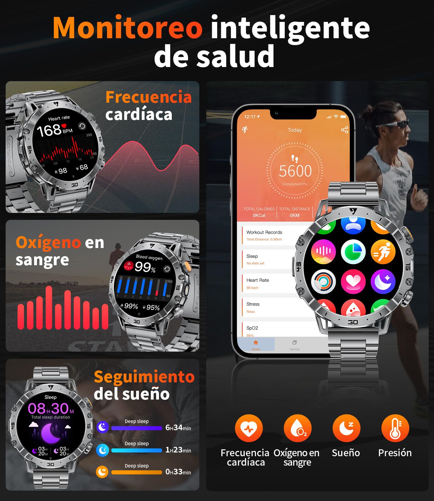 1000mAh Reloj Inteligente Hombre, 1.7'' Smartwatch Hombres con Llamadas Bluetooth, Militar LED Linterna,100+ Modos Deportivos,Reloj de Fitness,Pulsómetro/Monitor de Sueño,Reloj para Hombre Android iOS
