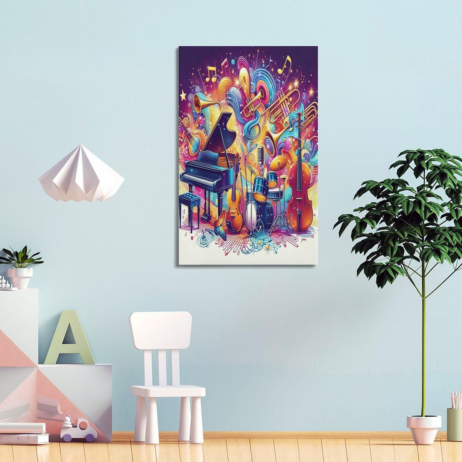 Poster di festival, stile anime, accattivante, strumenti musicali rispettivi e note suonate poster pittura decorativa poster da parete su tela e stampa artistica moderna per la camera da letto della
