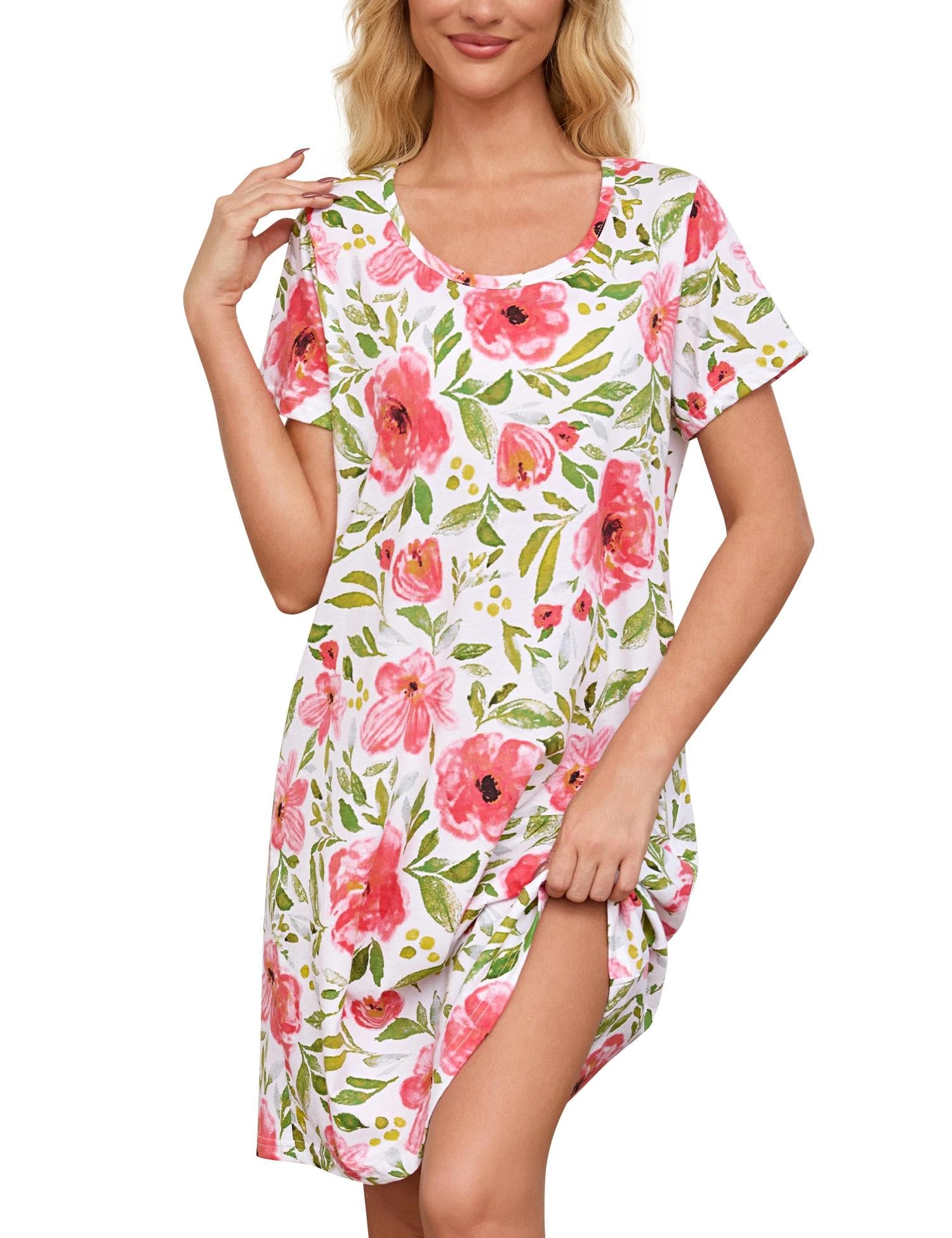ENJOYNIGHT Nachthemd Damen Kurzarm Baumwolle Schlafshirt Sommer Sleepshirt | Weiche Baumwollmischung, Rundhalsausschnitt, Süß Bedruckte Nachtkleid, Ideal für Zuhause