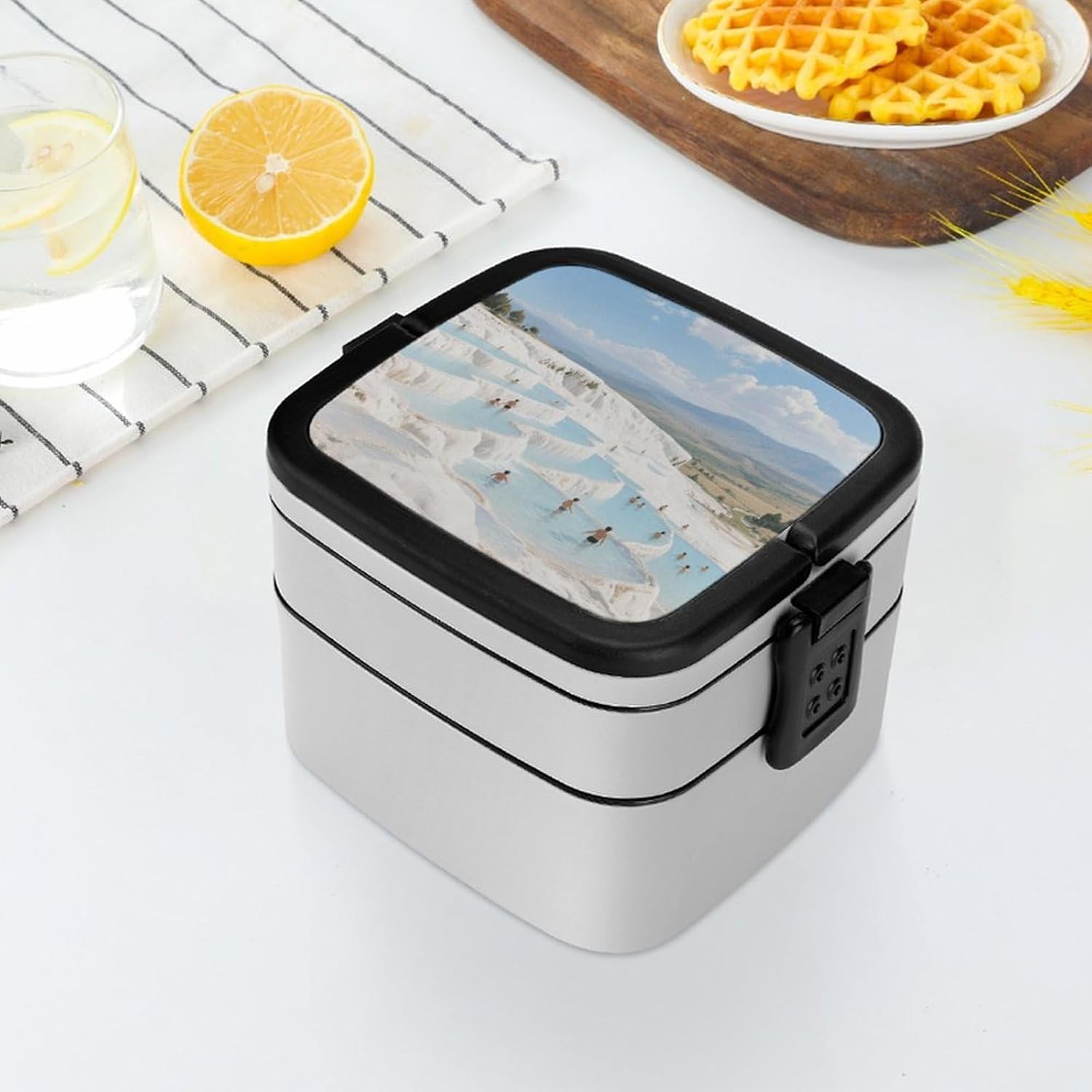 Pamukkale Hot Spring Terraces Bento Box Double Layer Lunch Box for Adults with Spoon And Handle Bento Boxes Leakproof One-piece Stackable Lunchbox for Work Picnics And Travel
