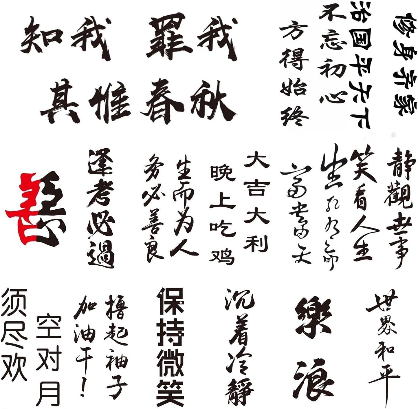16 Sheets Temporary Tattoo Stickers for Chinese Characters, Unique, Words, Inspirational, Small, Suitable for Adults and Children, black, 16 Piece Set