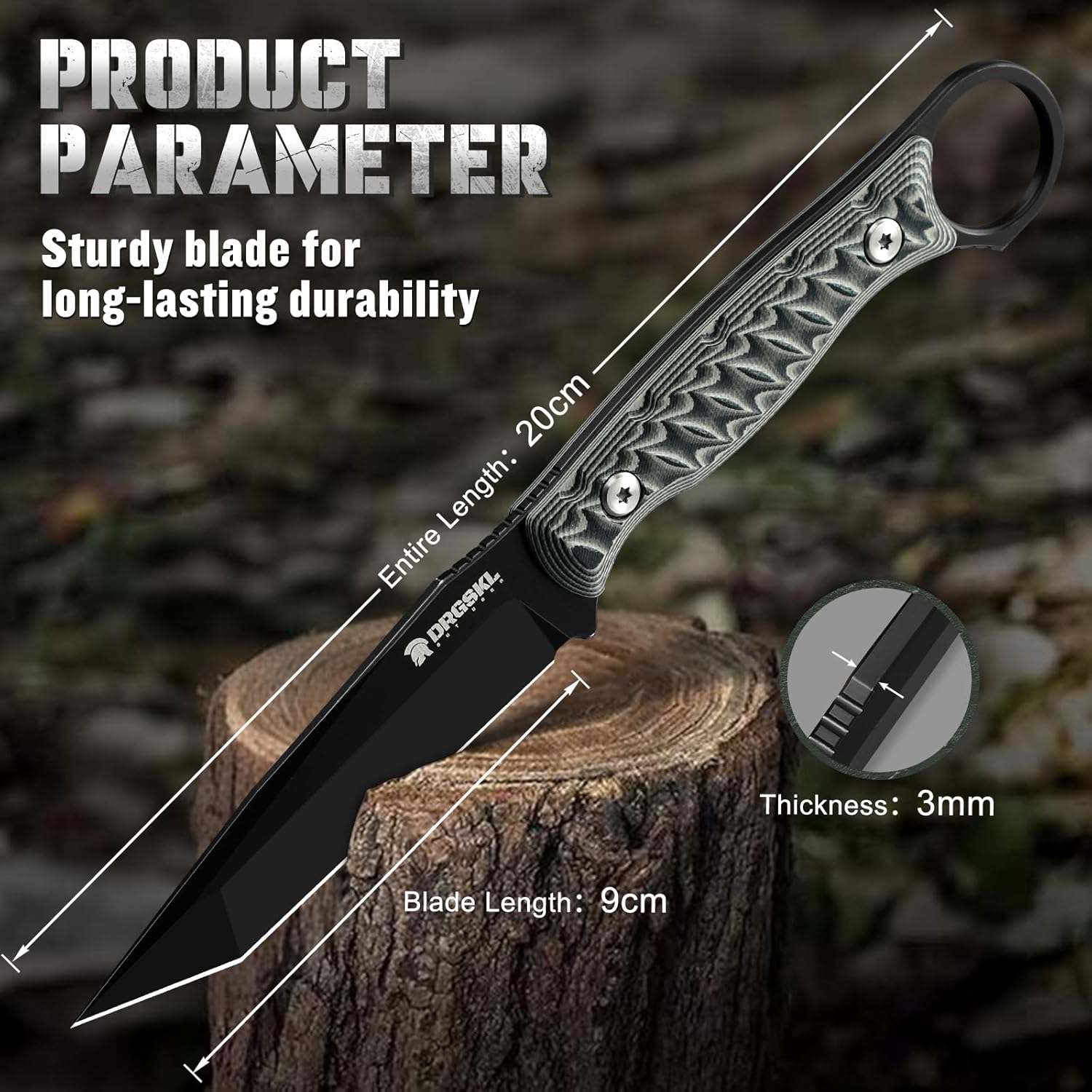 DRGSKL Tanto Fixed Blade Knife - Full Tang Survival Knife for Bushcraft - Camping Knives with Sheath - Black Knives Forged from a Single Piece of D2 Steel - Ideal Gift for Men - Green