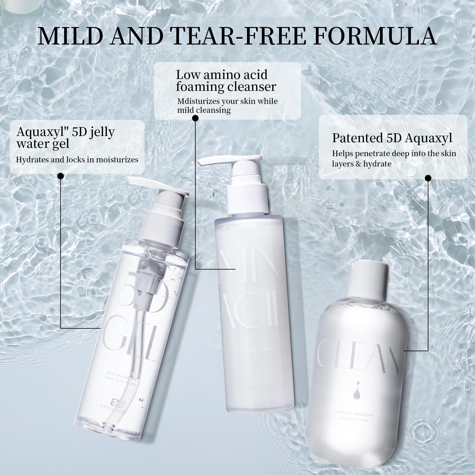 Dazzelslim 3-Step Face Care Set for Women & Men - Makeup Remover with Glycyrrhiza Glabra, Amino Acid Foaming Cleanser & Jelly Water Gel with Ceramides - Hydrates, Fragrance-Free, Made in Taiwan