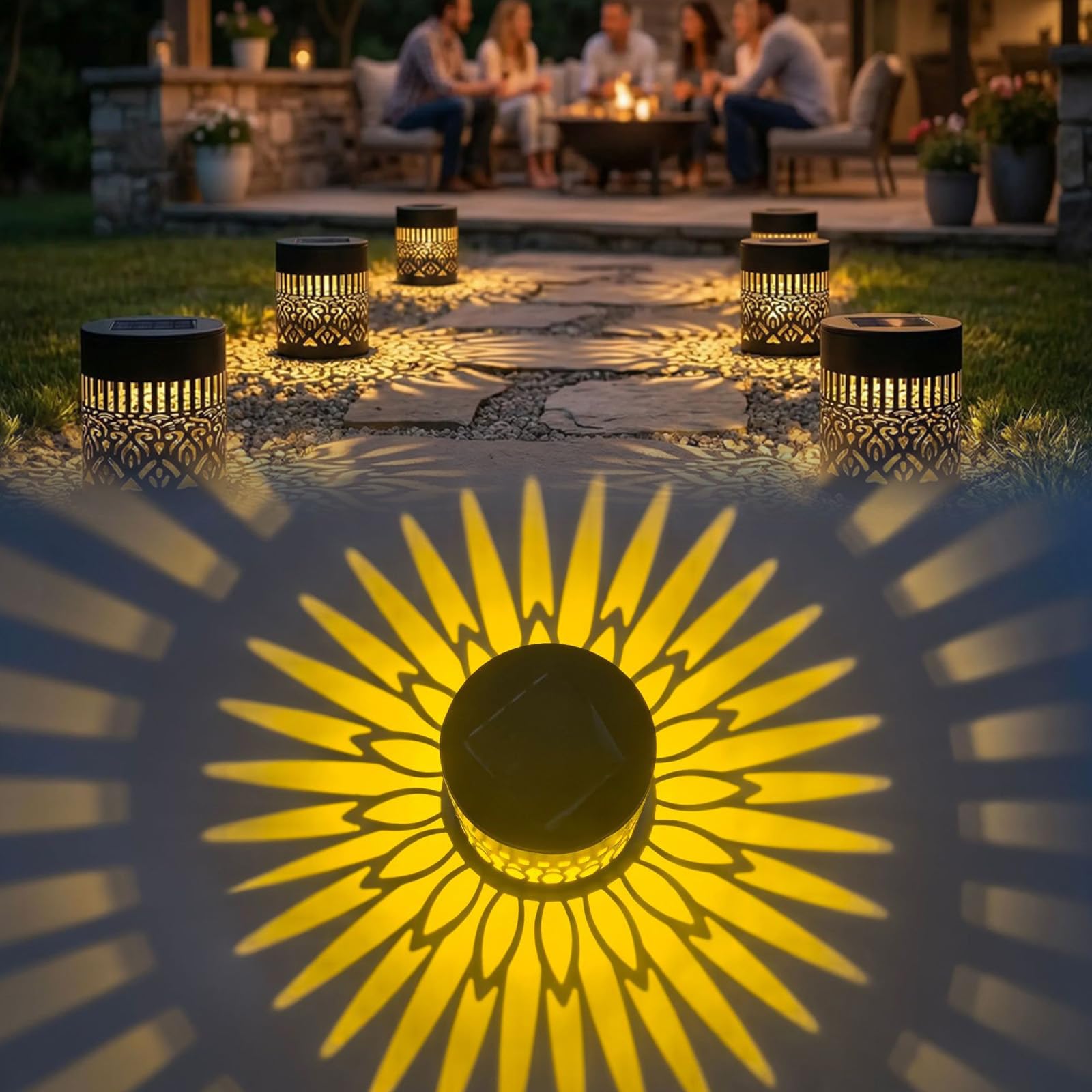 HIDRUO Decorative Solar Mandala Lights, Solar Mandala Lights Outdoor, Metal Solar Powered Outdoor Deck Step Wall Lights, Mandala Theme Waterproof Fence Light for Garden (1, Sunflower Warm Lights)