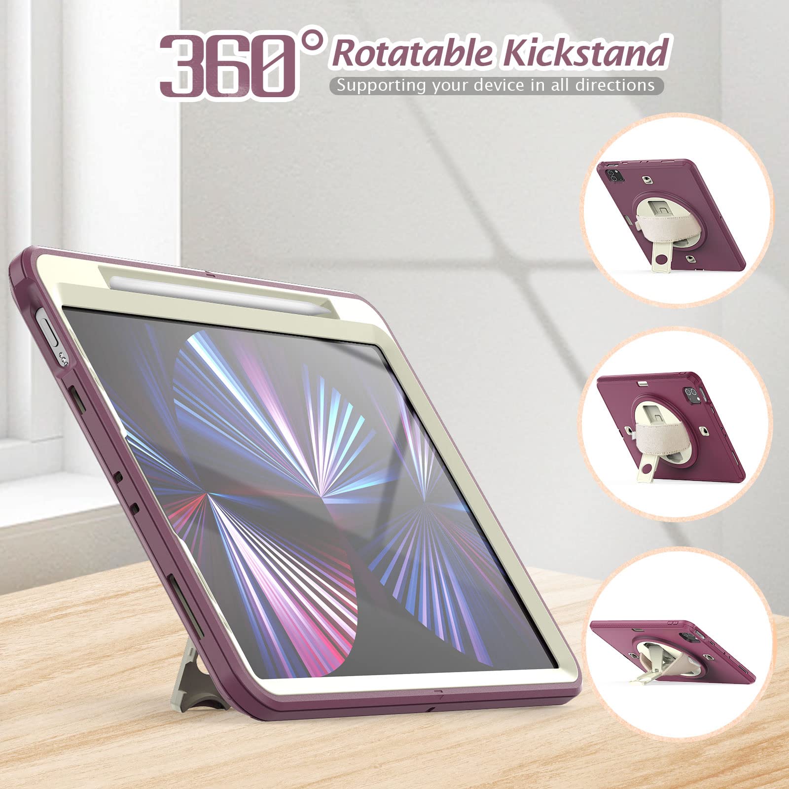 Custodia per iPad PRO 11 Pollici 3a/2a/1a Generazione (2021/2020/ 2018),Rugged Custodia Robusta Ibrida Antiurto Cover Rigida con 360°Supporto Rotante/Cinghie a Mano e Tracolla-Portapenne
