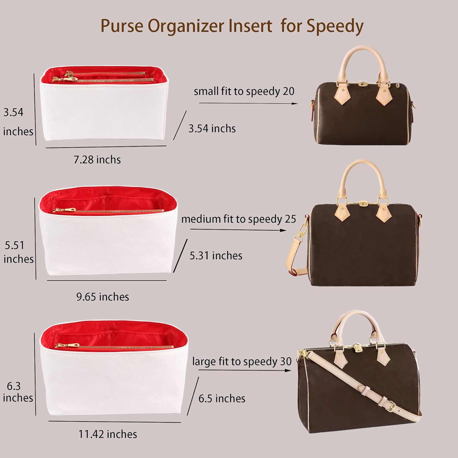 Purse Organizer Insert for handbag,Dupont paper Ultra-Light weight Bag Organizer Insert for LV Speedy 20 Waterproof (Small-white red) - Image 2