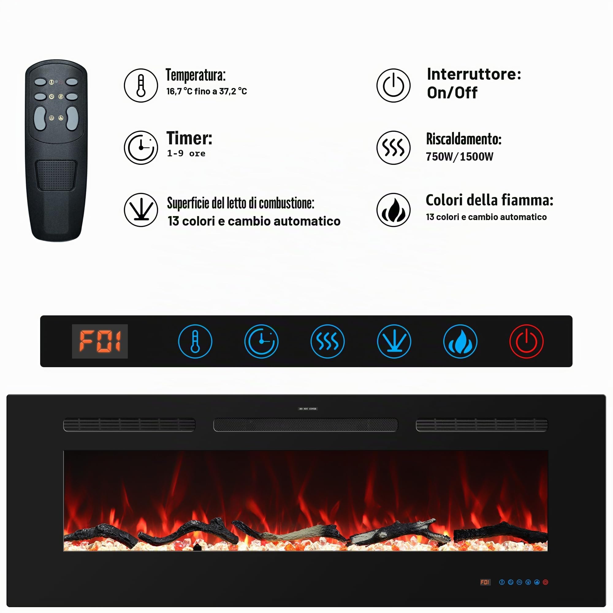 127 cm caminetto elettrico, caminetto da incasso e riscaldamento a parete, caminetto lineare 750W/1500W con telecomando, touchscreen, 13 colori di fiamma, timer, cristallo Log