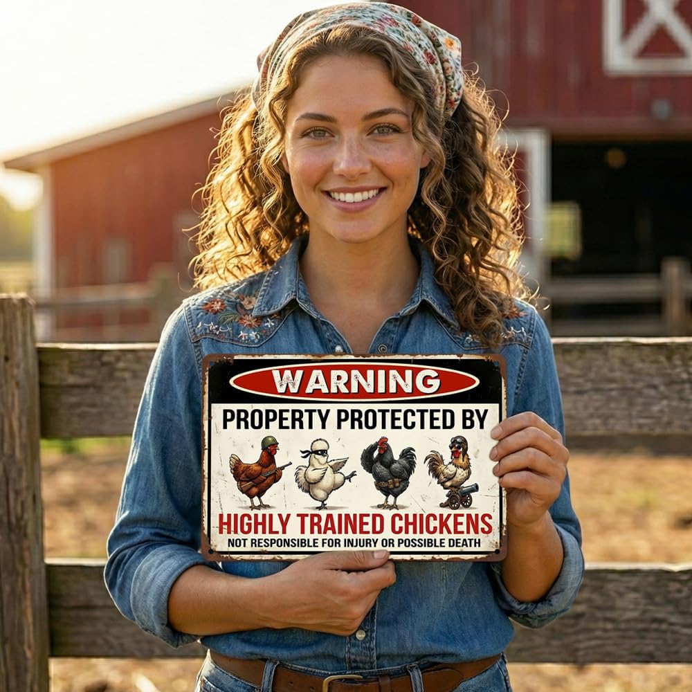 Funny Chicken Coop Decor "Warning Highly Trained Chickens" Tin Sign - Rustic Farm Decor, Backyard Fence Signs - Gag Gifts for Chicken Lovers 8x12 Inch（26003）