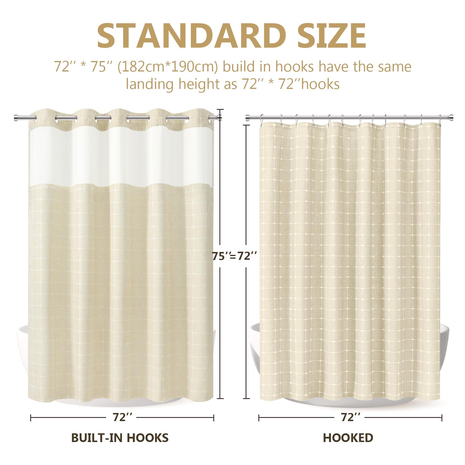 VANZAVANZU Kein Haken Duschvorhang, Polyester Plaid Schwere Dicke Duschvorhänge mit Maschenoberfenster, Böhmischer Stil wasserdichte Badezimmervorhang 190 cm x 182 cm