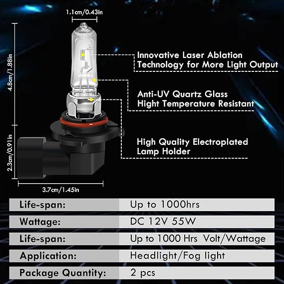 Hir2 9012 55W 12V Car Halogen Headlight Bulb, High/Low Beam Car Exterior Light Bulbs 3000K Yellow Light Halogen Fog Bulbs Replacement OEM Daytime Running Lamps, 2 Pieces