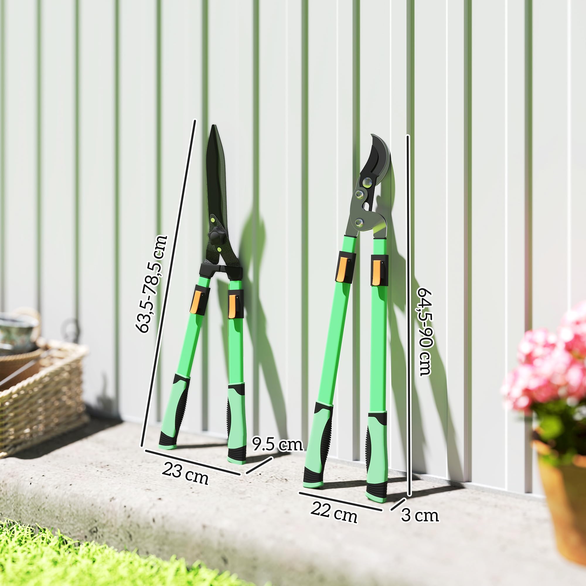 Outsunny Lot de 2 cisailles de jardin, cisaille à haies longueur 63,5-78,5 cm, sécateur à enclume longueur 64,5-90 cm, poignées télescopiques extensibles antidérapant lames polies, vert et noir