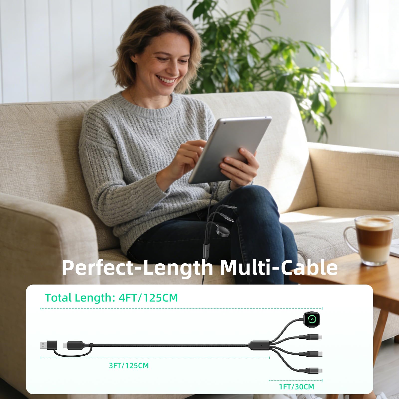 A-Pce 4-in-2 Multi Charging Cable with Smartwatch Charging, Black-5FT view 7